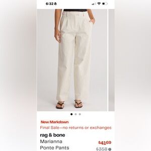 rag & bone Marianna Cream Pinstripe Ponte Pants NWT